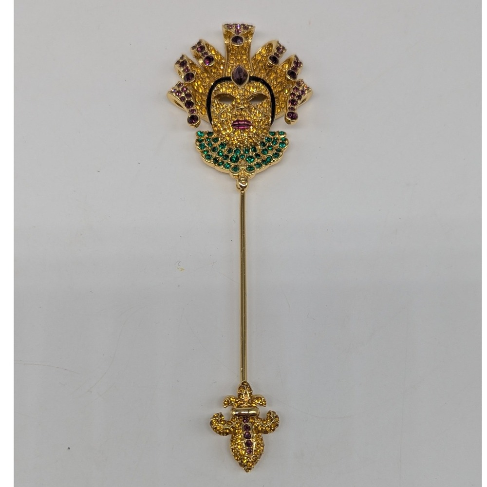 Masquerade Mask Stick Pin Gold 5" Rhinestone Gem Mardi Gras Jester Fleur de Lis